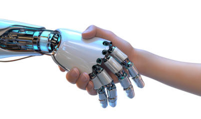 Human and Robot Handshake Symbolizing AI Integration Isolate on Transparent Background, cutout, png
