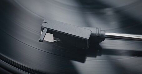 Vinyl Record Rotating On Retro Turntable. Stylus Needle Touching Grooves, Playing Sound on Vinyl...