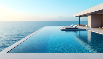 Fototapeta premium Minimalist design hotel resort. Modern luxury villa wit infinity pool overlooking calm ocean. Relaxing tropical getaway. Luxurious Summer vacation, travel concept, leisure lifestyle