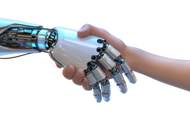 Human and Robot Handshake Symbolizing AI Integration Isolate on Transparent Background, cutout, png