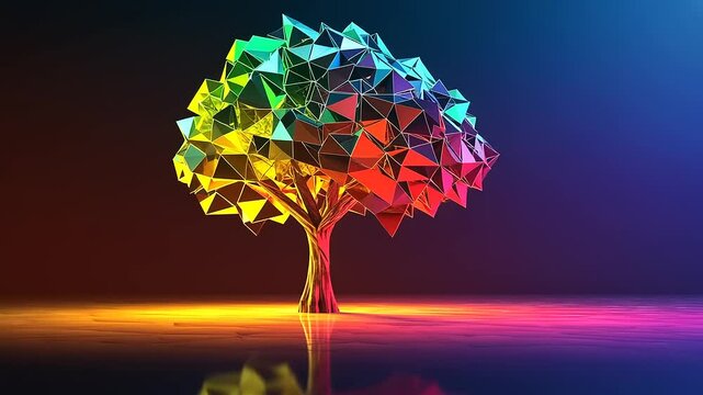 Colorful geometric tree sculpture with a vibrant gradient background, showcasing artistic design and creativity