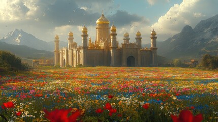 Majestic palace in a vibrant flower field, mountains in the background.  Possible use fantasy, game art