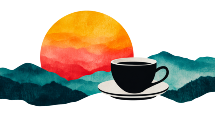 Coffee cup at sunrise, mountain landscape illustration, cut out transparent