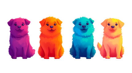 Colorful puppies sitting in a row, cartoon style pets, cut out transparent