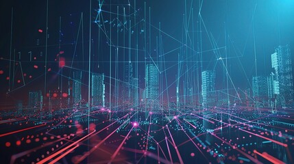Obraz premium Abstract digital cityscape with glowing lines and futuristic buildings, representing the power of AI technology in urban planning and data flow visualization. 