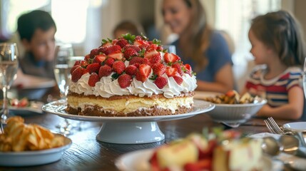 A large strawberry shortcake placed as the centerpiece of a dinner table surrounded by family. 