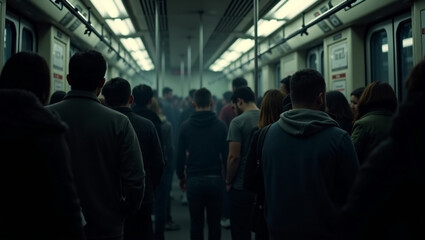 Problems with transport. An overcrowded bus with people standing shoulder to shoulder.