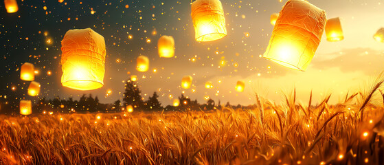 Enchanting Sky Lanterns Floating Over Golden Wheat Field Background