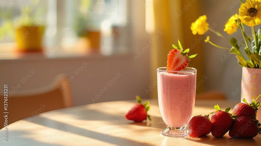 Poster A modern dining table setup with a strawberry smoothie as the focal point and minimalist dÃ©cor around 