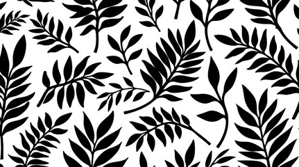 A set of six seamless botanical patterns featuring floral and leafy silhouettes in black, green, and pink on white backgrounds, ideal for textile or graphic design.