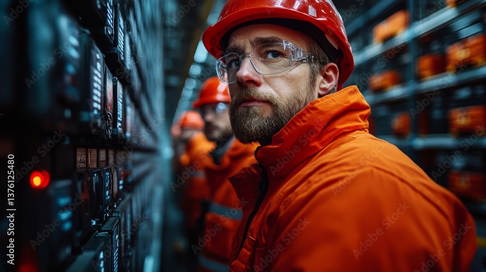 Poster Staff in safety gear oversee advanced logistics technology and automation systems in a busy distribution center, ensuring efficient operations and workflow management.