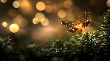 Glowing Butterfly with Sparkling Wings Amidst Lush Greenery and Bokeh Lights in the Evening