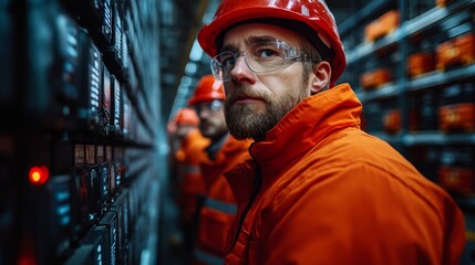 Staff in safety gear oversee advanced logistics technology and automation systems in a busy distribution center, ensuring efficient operations and workflow management.