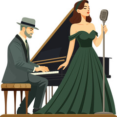 Jazz concert, woman singing accompanied by a man playing the piano. Flat design.