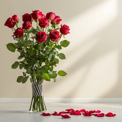 Naklejka premium Vibrant Red Rose Bouquet with Fallen Petals on a Soft Beige Background in a Bright Room