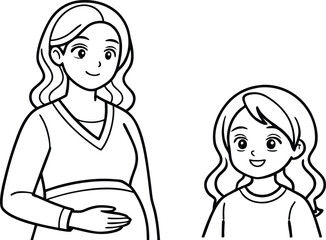 Cartoon Pregnant Woman with Daughter, Outline on Transparent Background