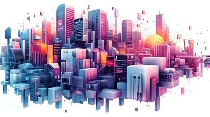 Obraz premium Futuristic Cityscape with Vibrant Neon Towers and Geometric Patterns in Digital Art Style