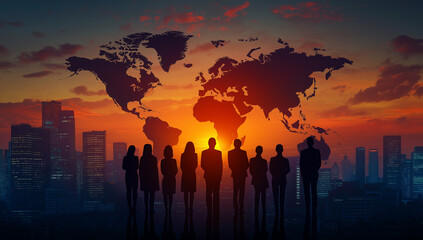 Fototapeta premium A united team silhouetted against a fiery sunset, watching the world map rise, symbolizing global collaboration and shared ambition with a dramatic cityscape backdrop.