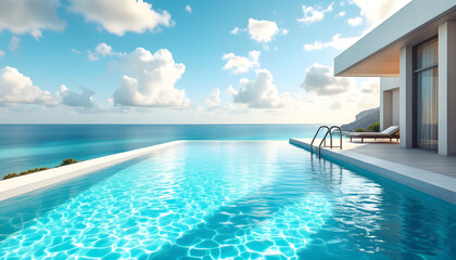 Fototapeta premium Minimalist design hotel resort. Modern luxury villa wit infinity pool overlooking calm ocean. Relaxing tropical getaway. Luxurious Summer vacation, travel concept, leisure lifestyle