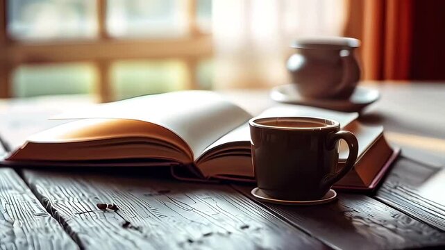 open book and a cup of hot coffee on the table against the background of a large window