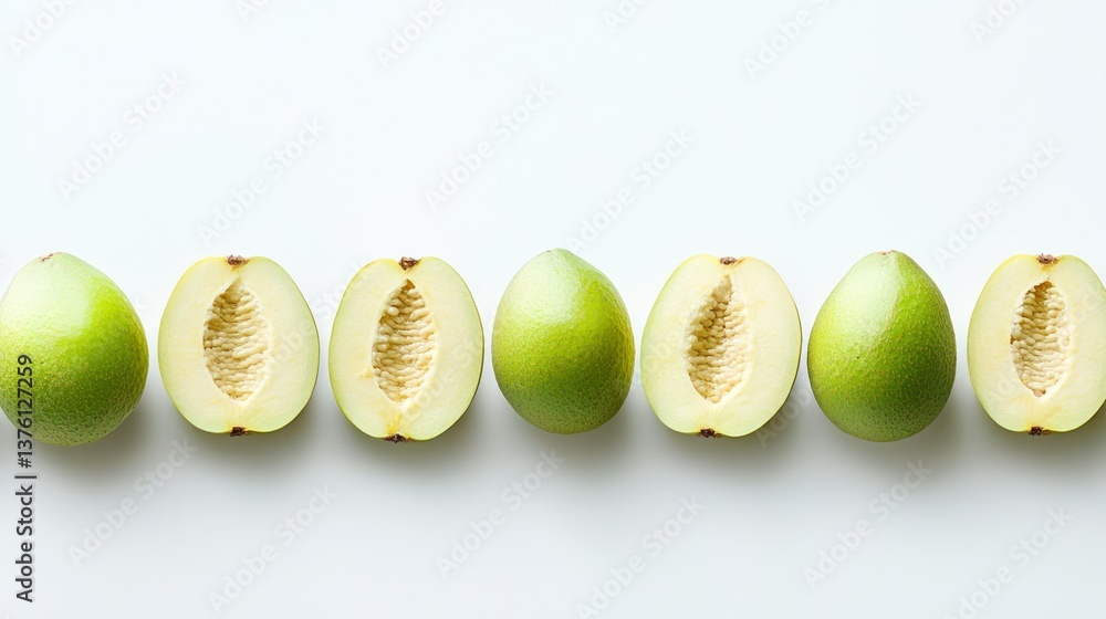 Poster a neatly arranged row of whole guava fruits and slices, on a plain white background, minimalistic.