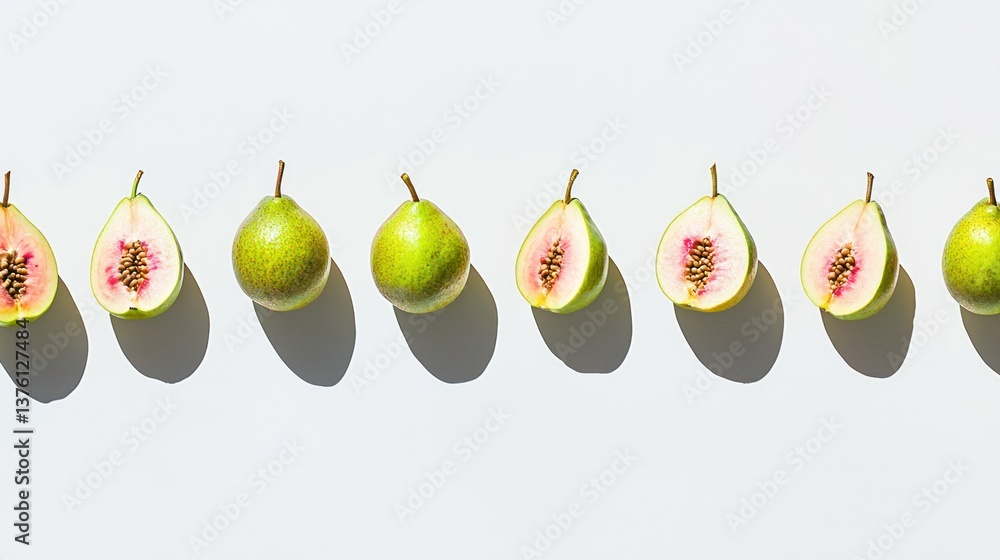 Poster a neatly arranged row of whole guava fruits and slices, on a plain white background, minimalistic.
