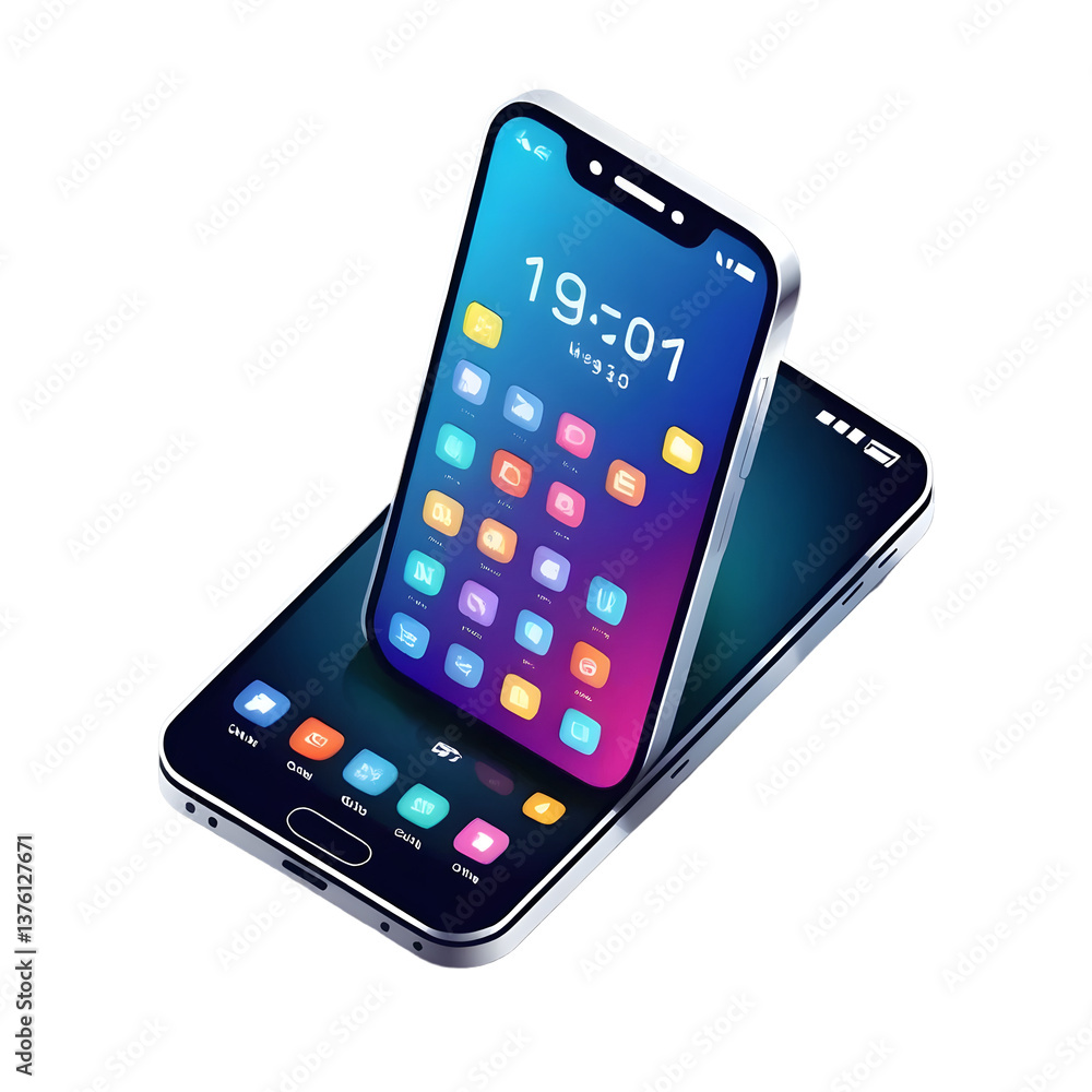 Poster modern smartphone displaying app icons on screen with a sleek design and user-friendly interface clo