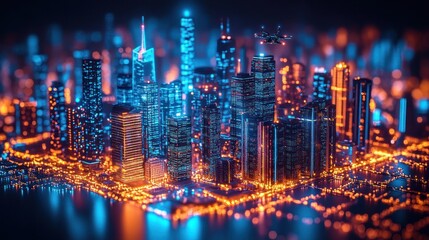 Fototapeta premium Futuristic city skyline, drone flying, night, digital art, tech