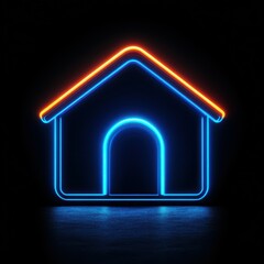 Neon house outline glowing in blue and orange against a dark background at night