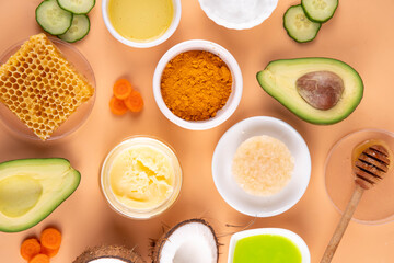 DIY Natural Sunscreen Alternative, Anti-Sunscreen Movement. Natural organic SPF ingredients background with olive oil, coconut oil, cocoa butter, aloe gel, beeswax, carrot seed oil