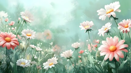 Delicate Pink and White Daisy Flowers Blooming in Serene Meadow Landscape