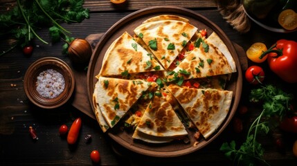 Delicious Quesadilla Slices on Wooden Plate with Fresh Vegetables and Rustic Charm Overhead View