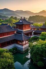 Fototapeta premium arafed view of a chinese building with a pond in front of it