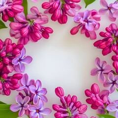Vibrant Arrangement of Pink and Purple Lilac Flowers Framing a Blank White Background