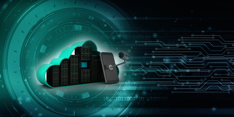 3d illustration Data center server near mobile phone under CCTV camera
