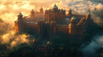 Fototapeta premium Sunrise Palace, Aerial View, Misty Forest, Fantasy