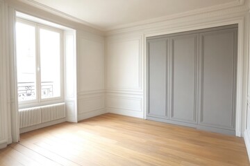 Obraz premium Empty Room with Hardwood Floor and Gray Closet in Bright Light
