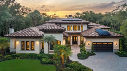 Obraz premium Luxury home exterior view at sunset residential area real estate photography tropical landscape aerial perspective modern design