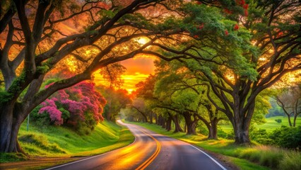 Obraz premium Serene Sunset Drive Through Lush Canopy of Trees and Blooming Flowers