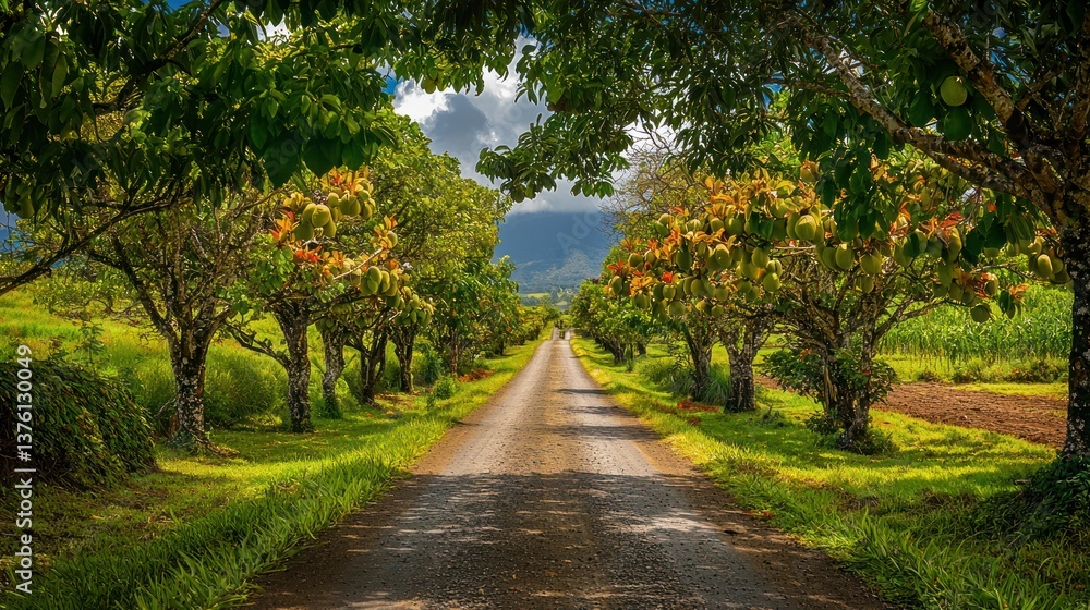 Poster A path lined with guava trees under a bright, sunny sky, creating a serene farm view.