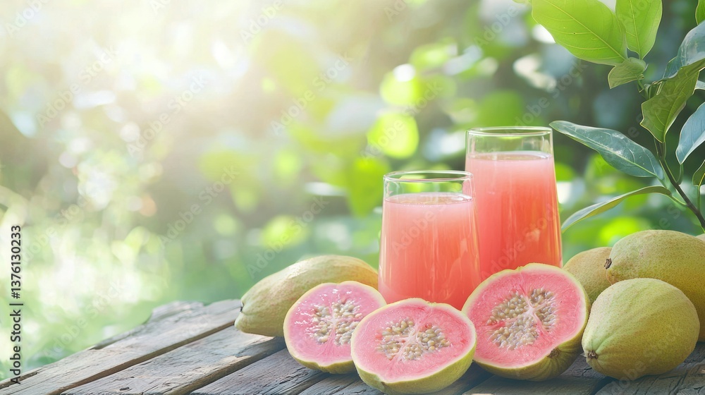 Poster a picnic table with a spread of pink guava slices and juice, set in a scenic park or garden.