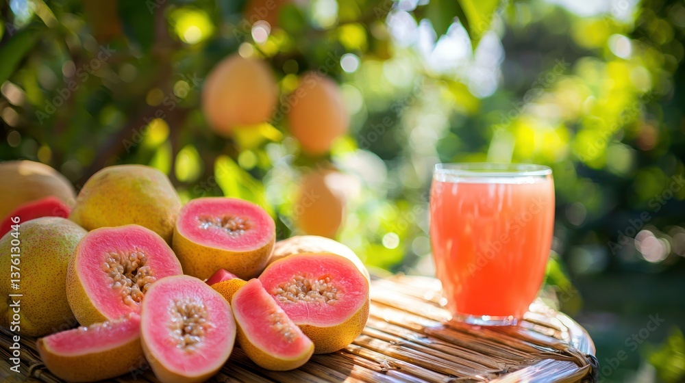 Poster a picnic table with a spread of pink guava slices and juice, set in a scenic park or garden.