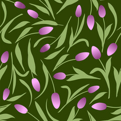 Pattern of fresh tulips on a green background. Seamless background for fabrics, textiles, packaging and wallpaper. Vector illustration in a flat style.