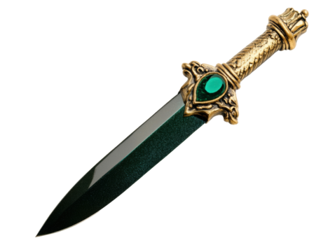 Elegant dagger with emerald accent and ornate handle design on a transparent background, cut out