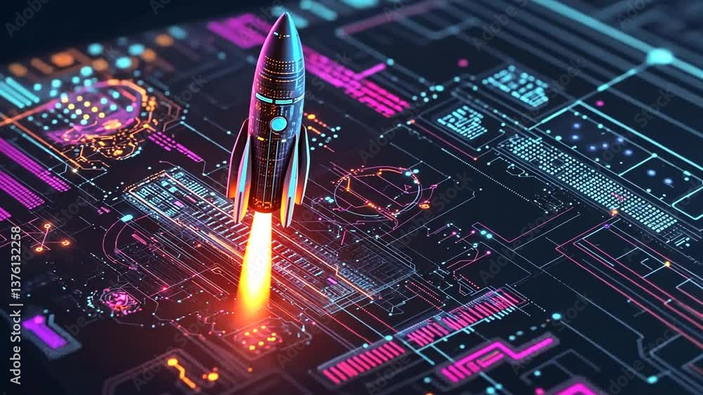 Poster rocket launch on circuit board background symbolizes technology advancement and digital innovation