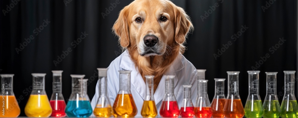 Wall mural golden retriever in a lab coat surrounded by colorful science beakers conducting experiments in a pl