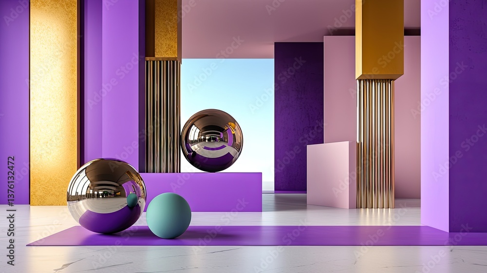 Poster abstract 3d render of layered purple elements creating depth and contrast, stylish composition