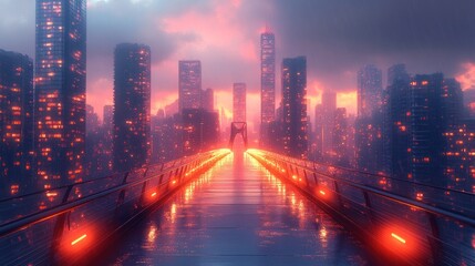 Fototapeta premium Futuristic city bridge, sunset, rain, neon lights, digital art, website banner