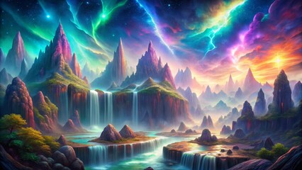 A Serene Fantasy Landscape Featuring Cascading Waterfalls, Majestic Peaks, and a Vibrant Aurora Borealis Display