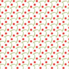 Seamless Pattern of Red Flowers and Green Leaves on White Background